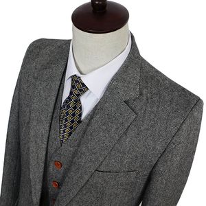 Retro gentleman style Grey Classic Tweed tailor wedding suits for men custom made Wool Slim Fit blazer mens 3 piece suit 201106