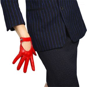 Guantes de cinco dedos Moda para mujer Cuero de piel de oveja pura Locomotora Mano Atrás Botón corto Forrado de seda Pantalla táctil Rojo TBLB031