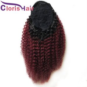 Coda di cavallo con coulisse ricci crespi afro colorati 1B 99J Estensioni dei capelli umani vergini indiani grezzi Clip in per donne nere Coda di cavallo con riccioli naturali bordeaux