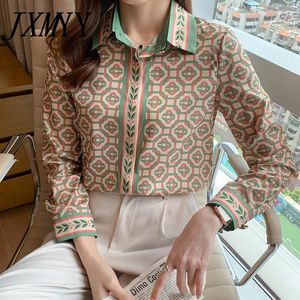 Mulheres Blusas Camisas JXMYY 2021 Primavera e Outono Moda Moda Temperamento Geométrico Impressão Geométrica Crepe de Chine Camisa de Silk Mulheres