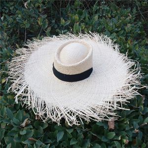 長いリボン風の風に覆われたファッション特大の帽子の女性夏のラフィア帽子を備えた女性の大きな縁の帽子アンチUVパナマバイザーキャップY200602