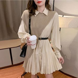 Conjuntos femininos de duas peças outono primavera roupas de vestido de duas peças meninas streetwear plissado curto mini vestido irregular cor pura malha colete camisa vestidos com cinto