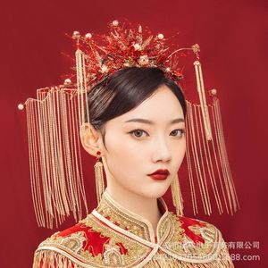 Earrings Necklace Chinese Bride Wedding Headdress Phoenix Crown Ancient Costume Red Handmade Tassel Hair Accessories Jewelry Set
