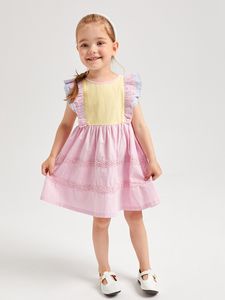 幼児の女の子のフリルの肘掛けのめちゃくちゃのレースのパネルのカラーブロックドレス