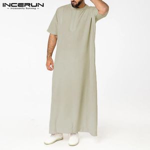 Man Vintage Short Sleeve O Neck Muslim Arabic Islamic Clothing INCERUN Mens Solid Color Robes Saudi Style Zipper Jubba Thobe 5XL1