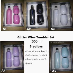 Sublimations-Glitzer-Weinbecher-Set, 500 ml, 17-Unzen-Edelstahlflasche mit zwei 12-Unzen-Bechern, bestes Geschenkset, Seeversand