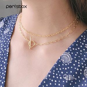 Peri'sbox 925 Sterling Silver Toggle Clasp Choker Halsband Tvåskiktad kedja Neck Chocker Minimalistisk Cirkel Layering Halsband Q0531