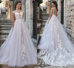 新しいデザインのシアースクープレースアップリケキャップスリーブチュールAラインのウェディングドレス2021 Boho Bridal Gown Troused Vestido de Noiva