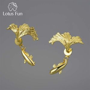 Lotus Fun k Золотой Необычный Разделенный дизайн Борьба с Рыбами Серьги для Женщин Стерлинговые Серебро Оригинальные Ювелирные Изделия