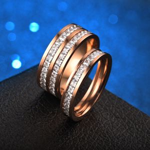 Singel rad dubbel rad fingerindex rostfritt stål kvadrat diamant ring kristall ros guld engagemang bröllop band kvinnor ringar par mode smycken