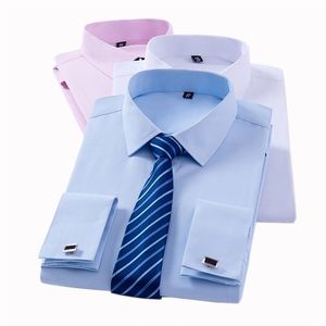Erkek Klasik Fransız Manşet Elbise Gömlek Uzun Kollu Hiçbir Cep Smokin Erkek Gömlek Kol Düğmeleri ile Örgün Parti Düğün Beyaz Mavi 220309