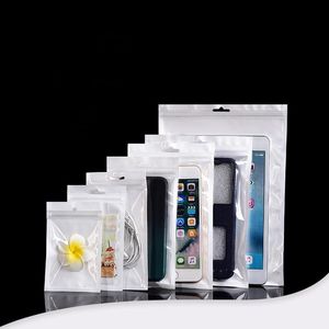 Temizle + Beyaz Plastik Fermuar Perakende Paket Çanta USB Kablosu Araç Şarj Kulaklıklar için Cep Telefonu Aksesuarları Inci Poly Çanta 8 * 14 cm 13 * 21 cm