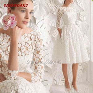 2022 Elegant Lace Short Wedding Dress Scoop Neck Knee Length Long Sleeve Simple A Line Formal Bride Gown Vestido De Novia Online H0105