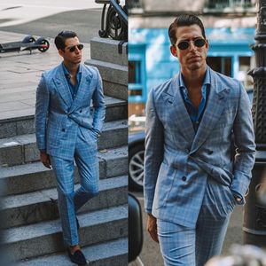 Winter Blue Plaid Mens Suits High Quality Slim Fit Double Breasted Peaked Lapel Check Groom Men Prom Party Blazer Jacket(jacket+pants)