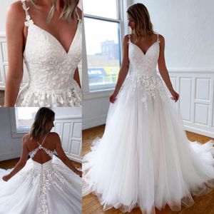 Setwell Spaghetti A-line Wedding Dresses Sleeveless Sexy Backless Lace Appliques Beaded Floor Length White Bridal Gowns