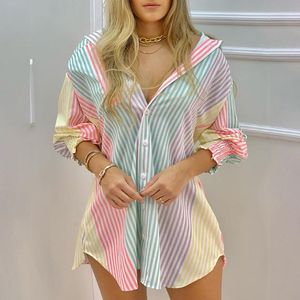 Blusas para mujer Camisas Moda para mujer Camisa con estampado de rayas Blusa de manga larga para mujer Cuello vuelto Botón fruncido Diseño Casual Tops