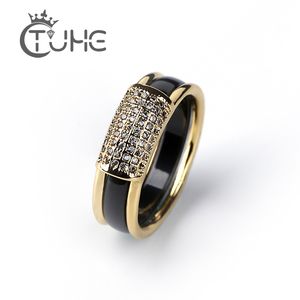 2 pçs/set Venda Quente Moda 585 Anéis de Ouro Com Bling Strass 2 Camadas Anéis de Cerâmica Preto Branco para Mulheres Jóias