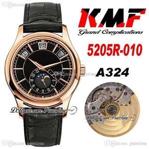 KMF Complicazioni Calendario annuale Cal.324SC Orologio automatico da uomo in oro rosa 5205R-010 Quadrante nero Fasi lunari Cinturino in pelle Orologi Super Edition Puretime E04e4