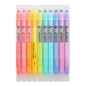 10Pcs set Double Head Erasable Highlighter Pen Markers Chisel Tip Marker Fluorescent School Writing Highlighters Color Cute 201202