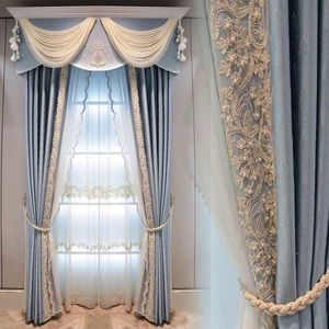 European Style Solid Color Luxury Atmosphere Blue Shade Curtains for Living Room Bedroom