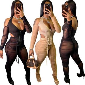 ZKYZWX Sexy Mesh Sheer Set da Due Pezzi per Donna Club Compleanni Completi con Spalle Scoperte Corsetto Top Pantaloni Sportivi Impilati Set Coordinati