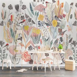 カスタム壁画の壁紙ノルディック熱帯の植物の鳥の背景写真の壁紙の3 dのための銀色の寝室の装飾の壁画