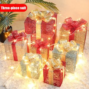 هدية عيد الميلاد علبة عيد الميلاد الحديد المطاوع المشهد ديكور هدية مربع ثلاثة قطعة مجموعة مع صندوق البطارية عطلة ضوء سلسلة دافئ أبيض 201204