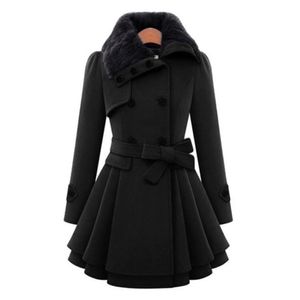 Płaszcz zimowy Kobiety Trench Coat Turn-Down Collar Długi Rękaw Peafoat Faux Fur Double Breasted Gruby Plus Size Fashion Outwear 201102