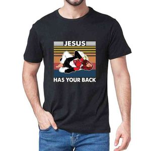 Jiu Jitsu Jesus tem suas costas Engraçado Christian Satanás Mens Vintage Pescoço Mangas Curtas 100% Algodão T-shirt de T-shirt de Oversized Mulheres Tee G1222