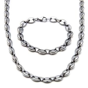 Nytt brett märke silverguldtonhänge halsband rostfritt stål smycken kaffeböna länk kedja halsband armband set