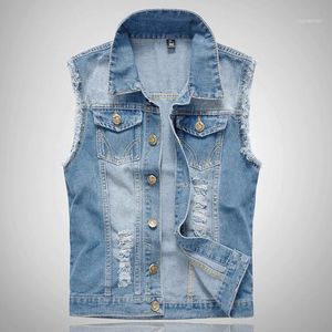 Men's Vests Wholesale- Men Light Blue Denim Vest Sleeveless Jackets 2021 Chest Flap Pockets Garment Washed Mens Ripped Jean Jackets1