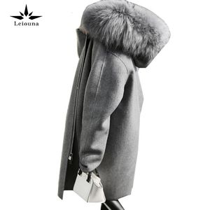 Leiouna 우아한 회색 겨울 모직 자켓 긴 모피 후드 따뜻한 모직 코트 느슨한 뉴 파카 여성 겉옷 플러스 크기 5XL 201103