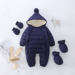 Baby pojke tjej kläder tjockt varmt spädbarn rompers jumpsuit hooded fleece barn vinter höst overalls barn snöar 211229