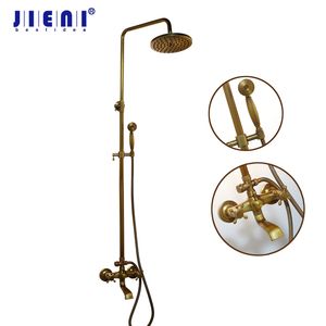 JIENI Set doccia da bagno in ottone anticato a pioggia con doccetta Miscelatore a mano con doccetta tonda Doppi manici Bagno combinato LJ201211