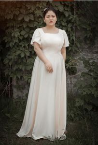 Işık Şampanya Uzun Basit Stil Kısa Kollu Balo Elbise Kare Boyun Örgün Gelinlik Modelleri Düğün Elbiseler