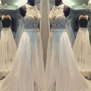 New A-Line Illusion Bodice Lace Boho Lace Wedding Dresses Appliques Plus Size Wedding Party Beach Bridal Gowns QC1527