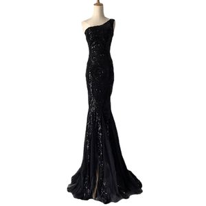 Evening Dresses Um ombro preto vestidos de noite sereia lantejoulas glitter padrão rendas longo formal festa feminina moda