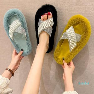Slippers Soft Plush Female Women's Home Flat Shoes Pearl Indoor Slides Ladies Open Toe Bedroom Warm Flats Footwear 2021