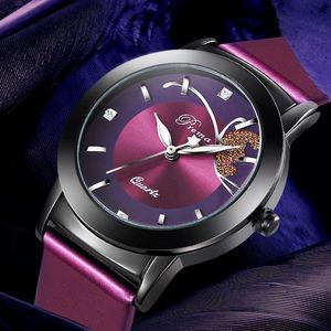 Prema Women Watches Ladies Quartz Watch Shining Bracelet Purple Leather Strap Wristwatches Fashion Butterfly Dial Design Clock 201120