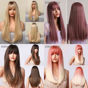 Hair Synthetic Wigs Cosplay Henry Margu Dark Brown Medium Long Bob Synthetic Wigs with Bangs Layered Hair Natural Straight for Women High Temperature