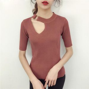 Damenpullover Großhandel - 2021 Frühling Sommer Frauen Metallring Kurze Design Gestrickte Pullover Tops Weibliche Allgleiches Halbarm Basic Slim S