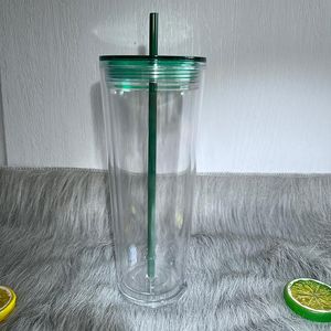 710ml 24oz clear plastic Tumblers double wall cup with straw clearlid black green lid WLL1327