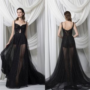 Schwarze Abendkleider mit Trägern, Perlen, Tüll und Schleppe, nach Maß, sexy Illusions-Partykleid, formelle Partykleider