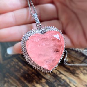 Delicate Big Heart Shape Pink Topaz Gemstone Pendant Necklace 925 Silver Choker Chains Crystal Sweater Neckalces Ladies