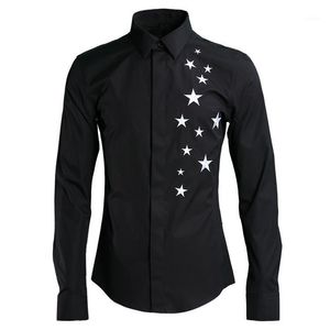 Orijinal Tasarım Uzun Kollu Pentagram İşlemeli Erkek Elbise Beyaz Siyah Slim Fit Rahat Gömlek Erkekler 4XL1