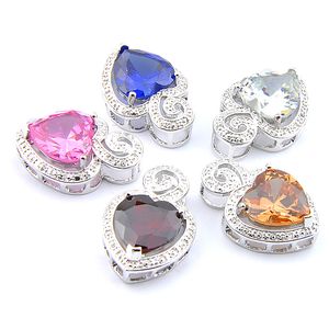 Blanda 5PCS Rainbow New Luckyshine 925 Sterling Silver Heart Morganite Blue Pink Topaz Garnet ädelsten halsband Pendants för Lady Party Gift