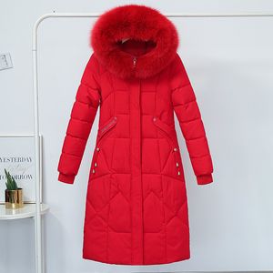 Plus Size X-Long inverno para baixo jaqueta mulheres com capuz casual casual casaco casaco com colarinho de pele sólido espessura sobretudo feminino 201103