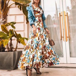 Frauen Floral Print Top Hohe Wasist Lange Rock Set Zwei Stücke Sling Crop Große Schaukel Anzüge Elegante Femme Outfit Vestido 220302