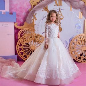 Custom Long Sleeves Lace Flower Girls Dresses for Wedding Appliqued Tulle Kids First Communion Dress Baptism Pageant Gowns with Sash