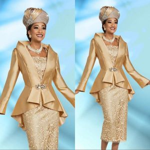 Plus Size 2 Pieces Gold Mother Of The Bride Dresses with Jacket 2022 Elegant Tea Length Long Sleeve Vintage Formal Evening Gowns